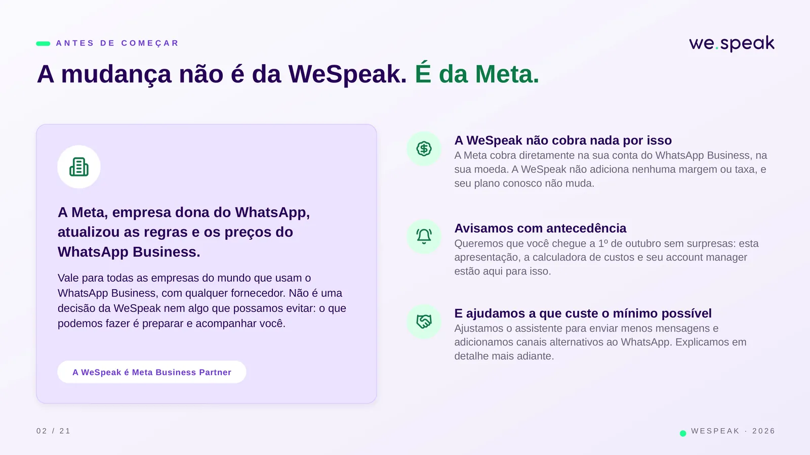 A N T E S D E C O M E Ç A R · A mudança não é da WeSpeak. É da Meta. · A Meta, empresa dona do WhatsApp, · atualizou as regras e os preços do · WhatsApp Business. · Vale para todas as empresas do mundo que usam o · WhatsApp Business, com qualquer fornecedor. Não é uma · decisão da WeSpeak nem algo que possamos evitar: o que · podemos fazer é preparar e acompanhar você. · A WeSpeak é Meta Business Partner · A WeSpeak não cobra nada por isso · A Meta cobra diretamente na sua conta do WhatsApp Business, na · sua moeda. A WeSpeak não adiciona nenhuma margem ou taxa, e · seu plano conosco não muda.