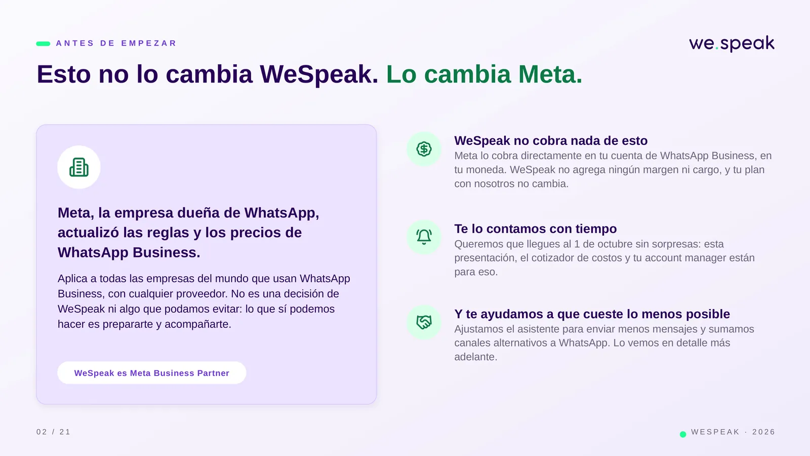 A N T E S D E E M P E Z A R · Esto no lo cambia WeSpeak. Lo cambia Meta. · Meta, la empresa dueña de WhatsApp, · actualizó las reglas y los precios de · WhatsApp Business. · Aplica a todas las empresas del mundo que usan WhatsApp · Business, con cualquier proveedor. No es una decisión de · WeSpeak ni algo que podamos evitar: lo que sí podemos · hacer es prepararte y acompañarte. · WeSpeak es Meta Business Partner · WeSpeak no cobra nada de esto · Meta lo cobra directamente en tu cuenta de WhatsApp Business, en · tu moneda. WeSpeak no agrega ningún margen ni cargo, y tu plan · con nosotros no c