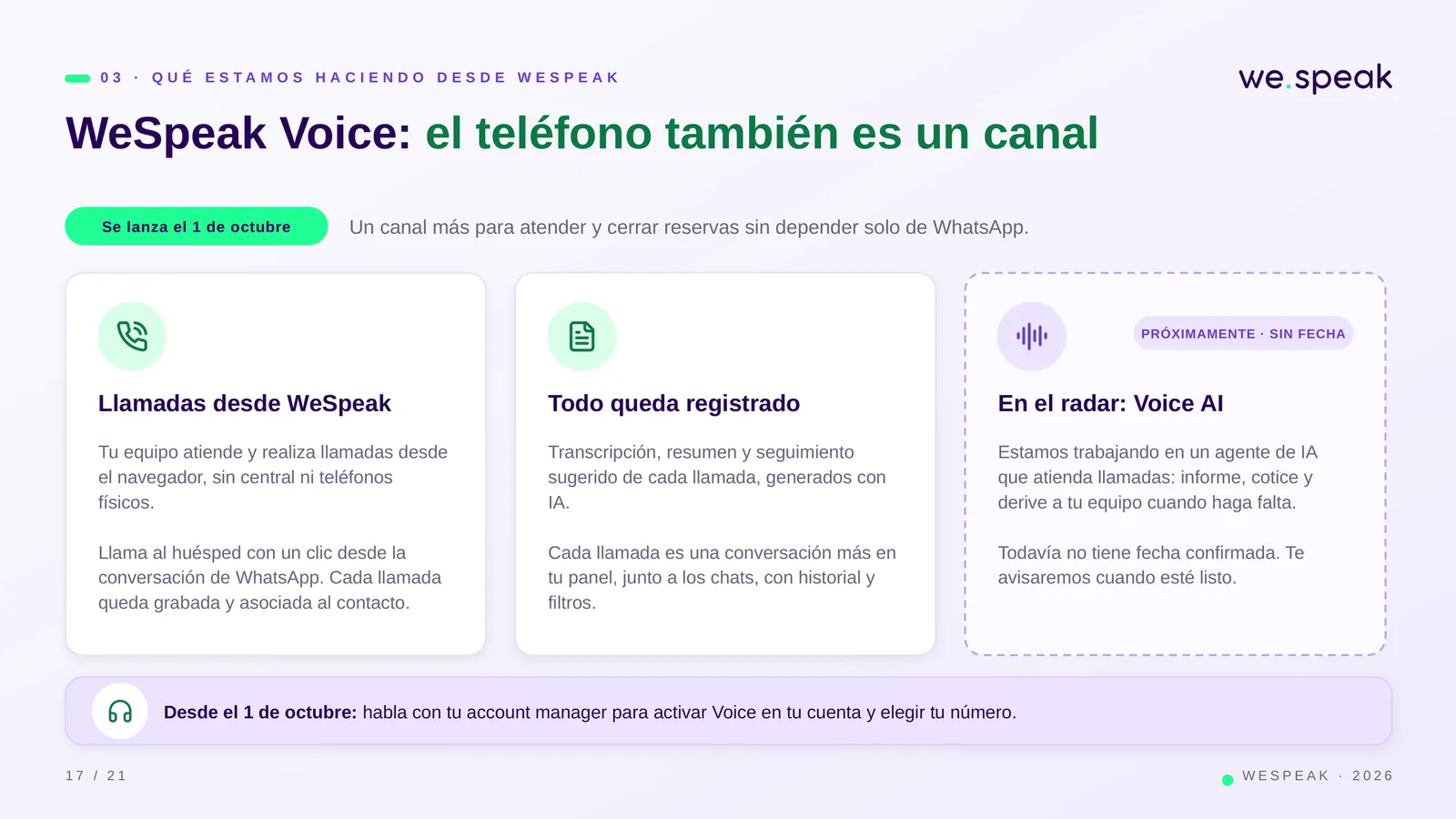 0 3 · Q U É E S T A M O S H A C I E N D O D E S D E W E S P E A K · WeSpeak Voice: el teléfono también es un canal · Se lanza el 1 de octubre · Un canal más para atender y cerrar reservas sin depender solo de WhatsApp. · Llamadas desde WeSpeak · Tu equipo atiende y realiza llamadas desde · el navegador, sin central ni teléfonos · físicos. · Llama al huésped con un clic desde la · conversación de WhatsApp. Cada llamada · queda grabada y asociada al contacto. · Todo queda registrado · Transcripción, resumen y seguimiento · sugerido de cada llamada, generados con · IA. · Cada llamada es una conve