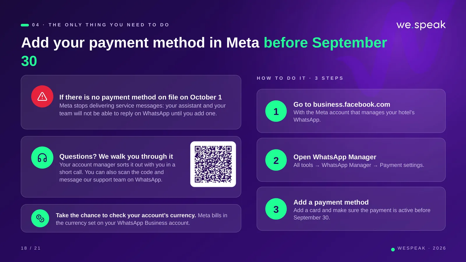 0 4 · T H E O N L Y T H I N G Y O U N E E D T O D O · Add your payment method in Meta before September · 30 · If there is no payment method on file on October 1 · Meta stops delivering service messages: your assistant and your · team will not be able to reply on WhatsApp until you add one. · Questions? We walk you through it · Your account manager sorts it out with you in a · short call. You can also scan the code and · message our support team on WhatsApp. · Take the chance to check your account’s currency. Meta bills in · the currency set on your WhatsApp Business account. · H O W T O D O I 