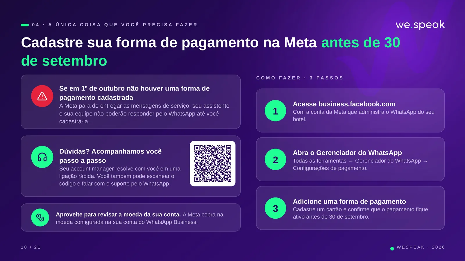 0 4 · A Ú N I C A C O I S A Q U E V O C Ê P R E C I S A F A Z E R · Cadastre sua forma de pagamento na Meta antes de 30 · de setembro · Se em 1º de outubro não houver uma forma de · pagamento cadastrada · A Meta para de entregar as mensagens de serviço: seu assistente · e sua equipe não poderão responder pelo WhatsApp até você · cadastrá-la. · Dúvidas? Acompanhamos você · passo a passo · Seu account manager resolve com você em uma · ligação rápida. Você também pode escanear o · código e falar com o suporte pelo WhatsApp. · Aproveite para revisar a moeda da sua conta. A Meta cobra na · moeda co