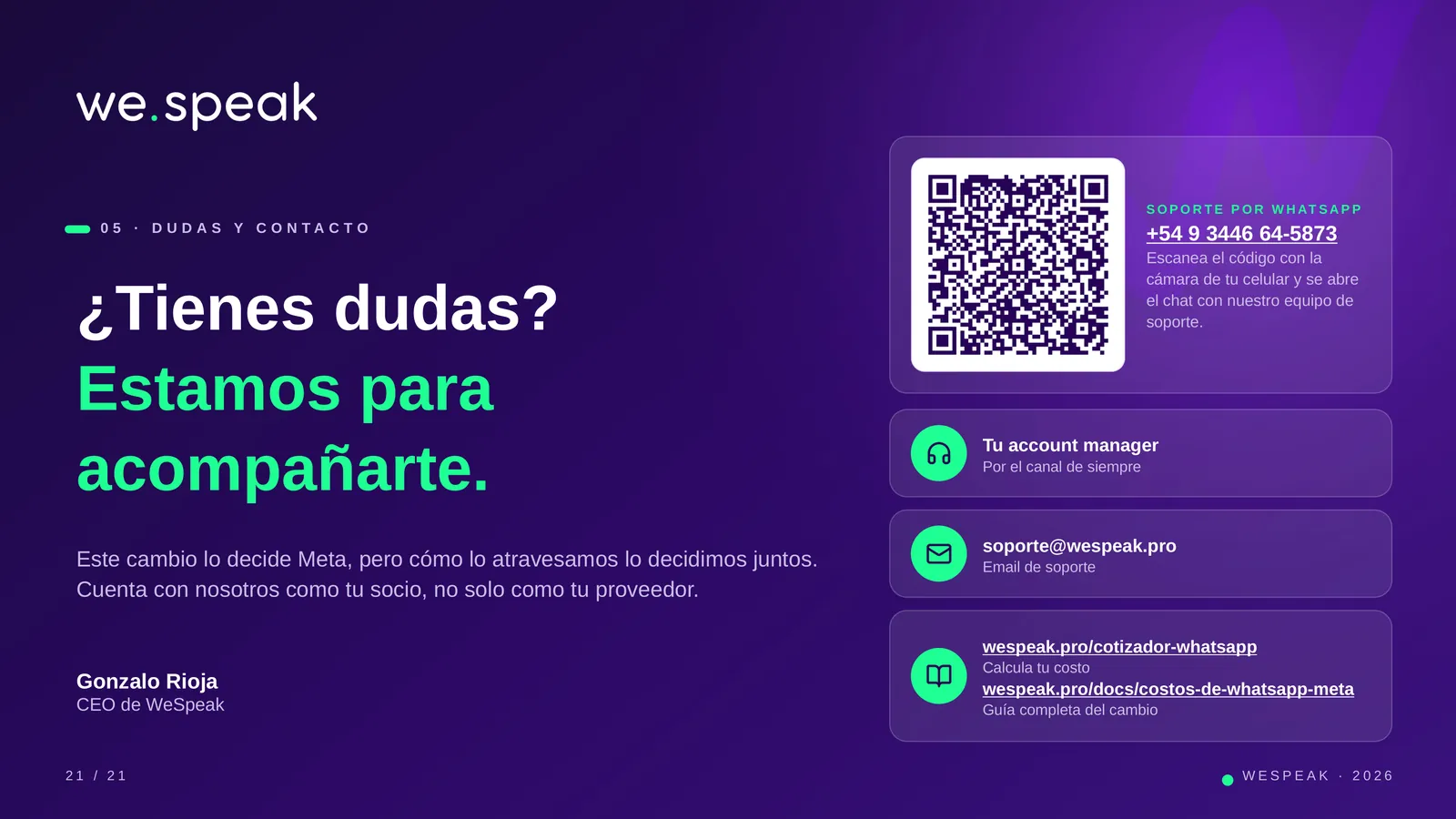 0 5 · D U D A S Y C O N T A C T O · ¿Tienes dudas? · Estamos para · acompañarte. · Este cambio lo decide Meta, pero cómo lo atravesamos lo decidimos juntos. · Cuenta con nosotros como tu socio, no solo como tu proveedor. · Gonzalo Rioja · CEO de WeSpeak · S O P O R T E P O R W H AT S A P P · +54 9 3446 64-5873 · Escanea el código con la · cámara de tu celular y se abre · el chat con nuestro equipo de · soporte. · Tu account manager · Por el canal de siempre · soporte@wespeak.pro · Email de soporte · wespeak.pro/cotizador-whatsapp · Calcula tu costo · wespeak.pro/docs/costos-de-whatsapp-meta · 