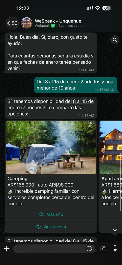 Carrusel de cotización visto desde el WhatsApp del huésped: una tarjeta por habitación con foto, precio y botones