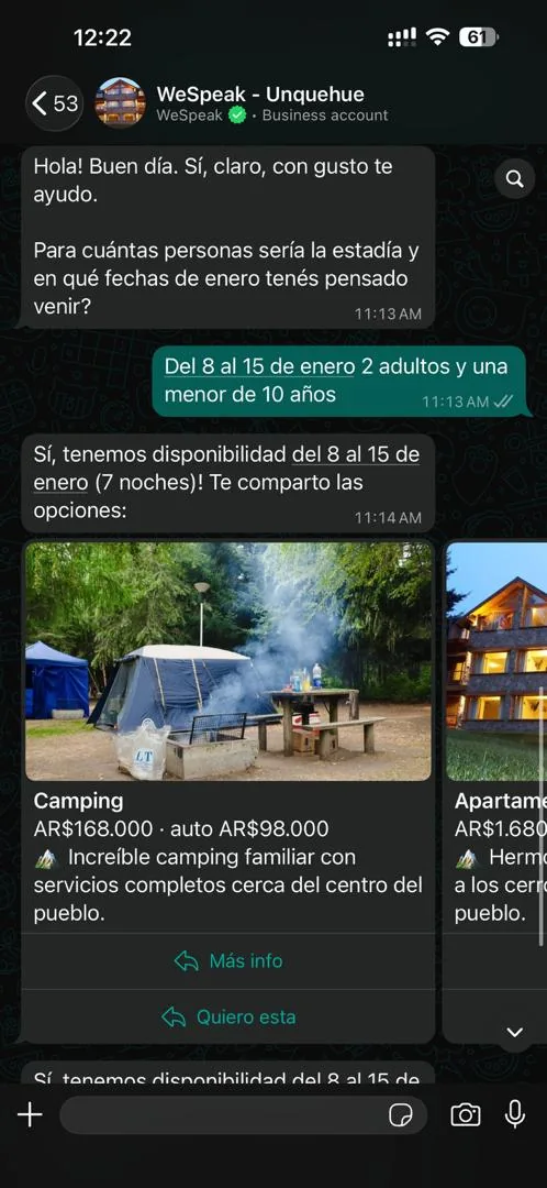 Quote carousel seen from the guest's WhatsApp: one card per room with photo, price and buttons