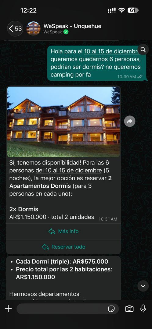 Tarjeta única de una combinación: 2× Dormis con el total, la aclaración de unidades y el botón Reservar todo