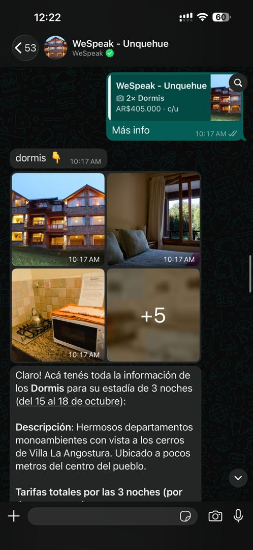 Tap de "Más info" sobre una tarjeta: el huésped cita la cotización y el asistente responde con la descripción completa, todas las tarifas y las fotos