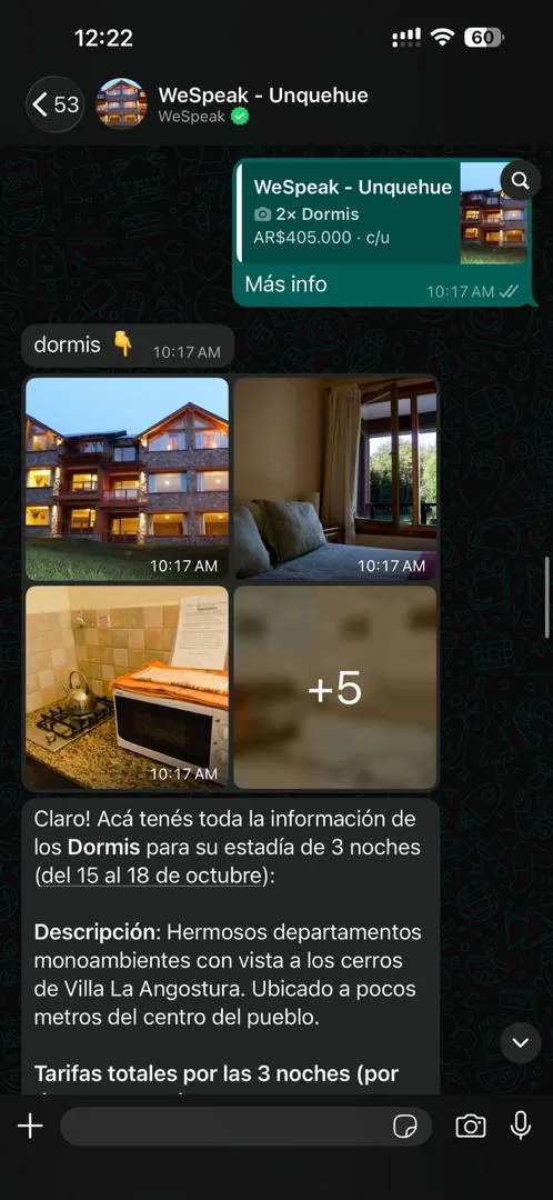 "More info" tapped on a card: the guest quotes the quote and the assistant replies with the full description, all the rates and the photos