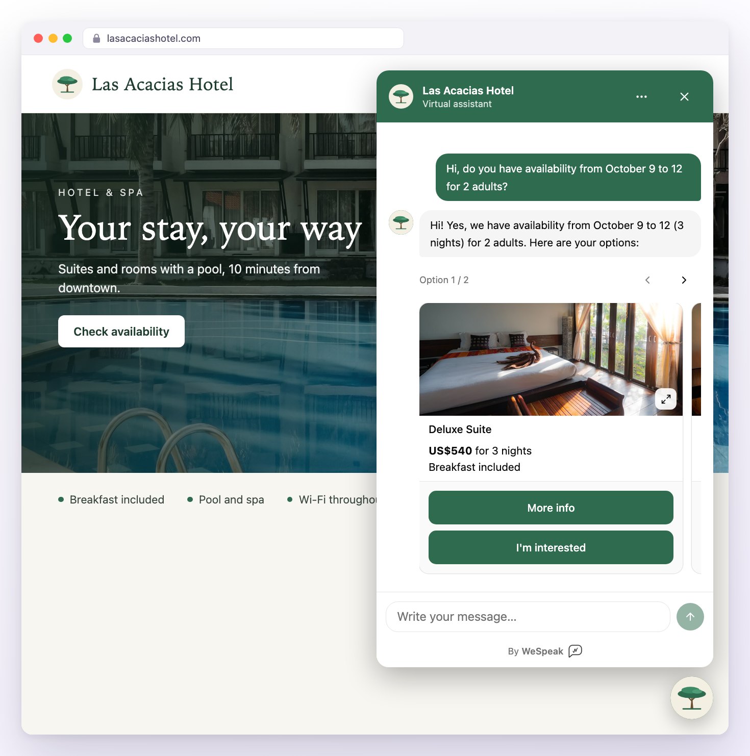 A hotel website with Chat Web open in the corner: the visitor asks about availability and the assistant replies with room cards, each with a photo, a price and the More info and I'm interested buttons