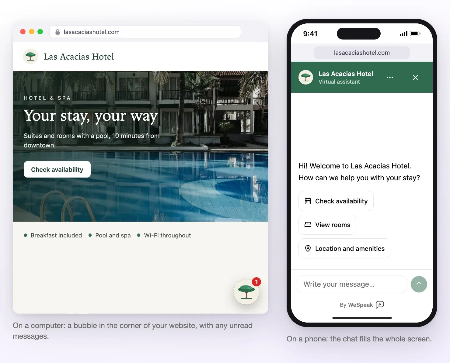 On the left, the hotel website with the chat closed: just the bubble in the corner, with one unread message. On the right, the same chat open full screen on a phone, with the hotel's greeting and the three quick questions