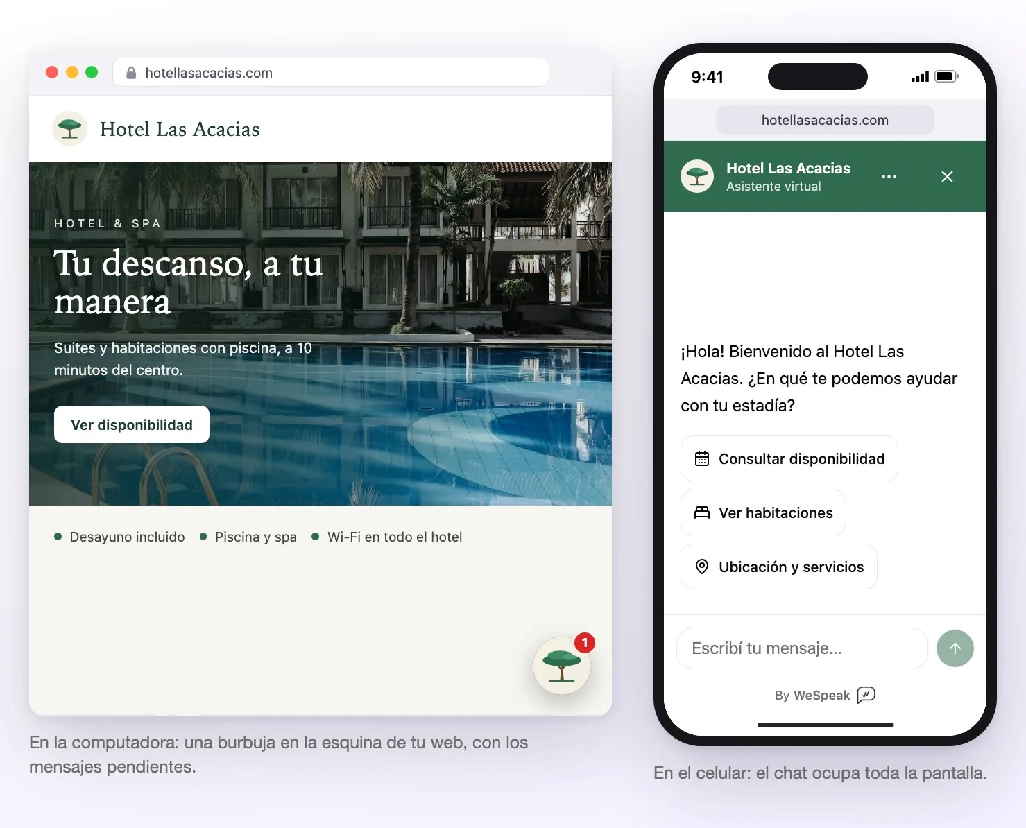 A la izquierda, la web del hotel con el chat cerrado: solo la burbuja en la esquina, con un mensaje pendiente. A la derecha, el mismo chat abierto en un celular, a pantalla completa, con el saludo del hotel y las tres consultas rápidas
