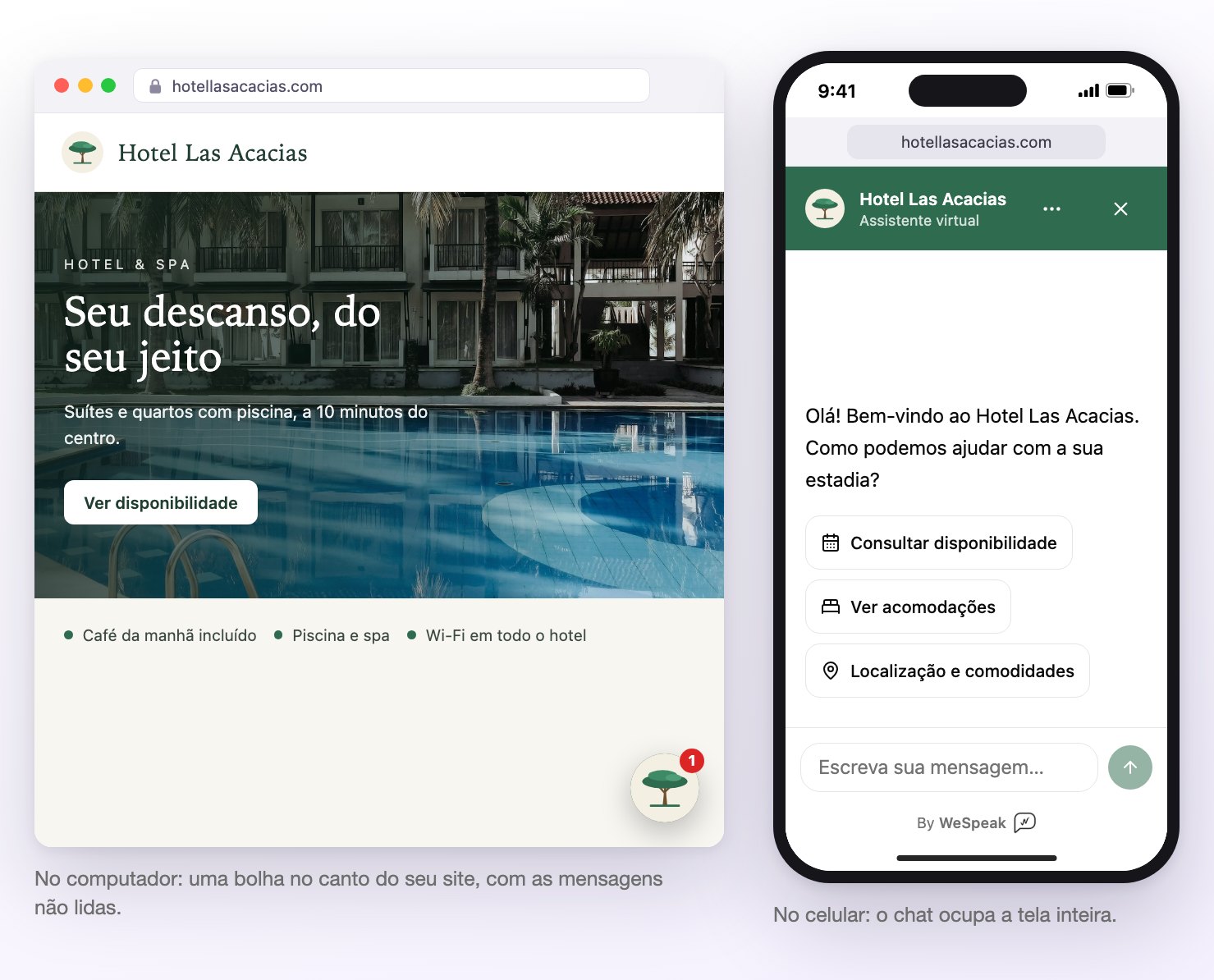 À esquerda, o site do hotel com o chat fechado: só a bolha no canto, com uma mensagem não lida. À direita, o mesmo chat aberto em tela cheia num celular, com a saudação do hotel e as três perguntas rápidas