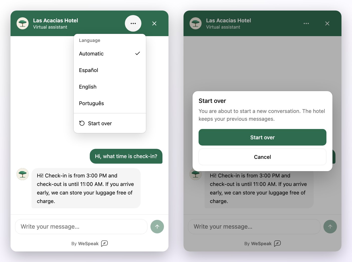 The chat's ⋯ menu open, with the list of languages and the Start over option