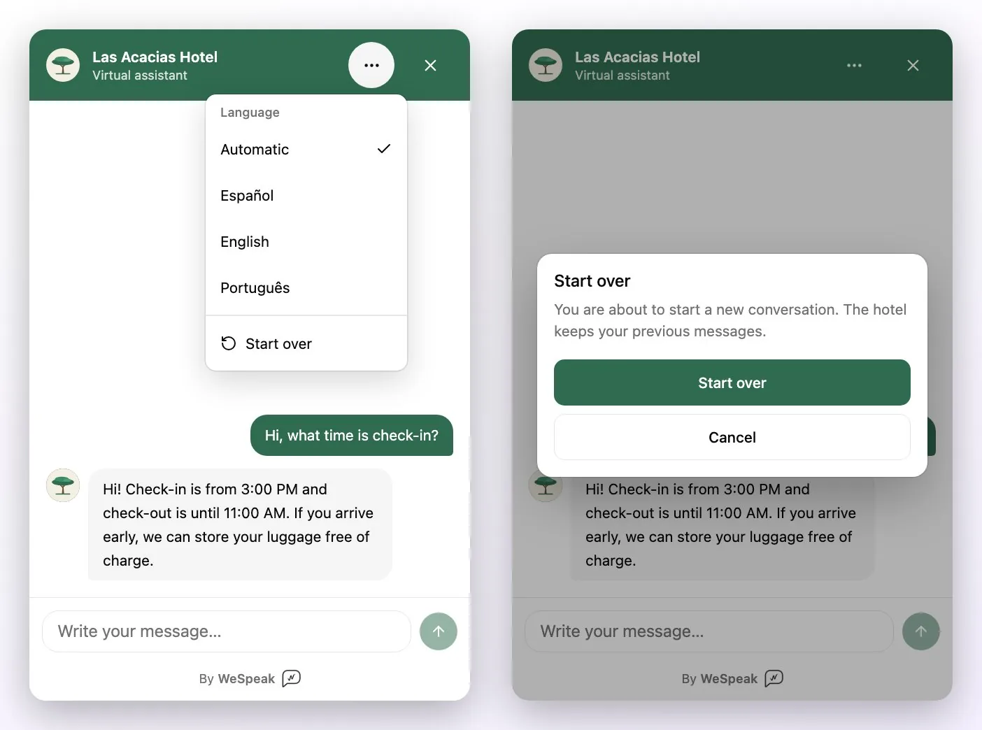The chat's ⋯ menu open, with the list of languages and the Start over option