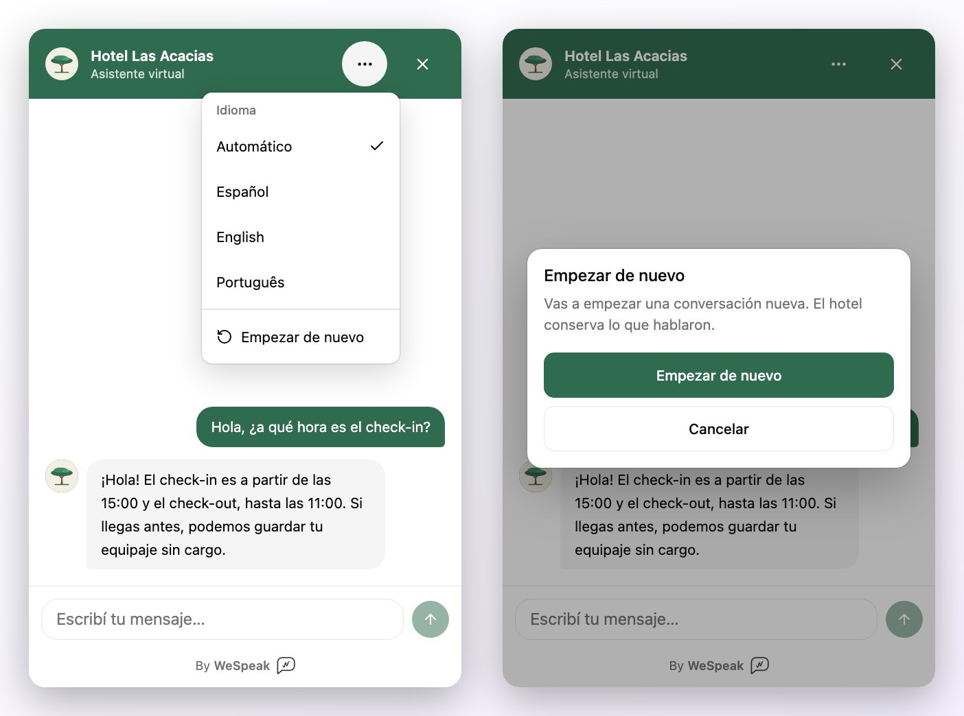 El menú ⋯ del chat abierto, con la lista de idiomas y la opción Empezar de nuevo