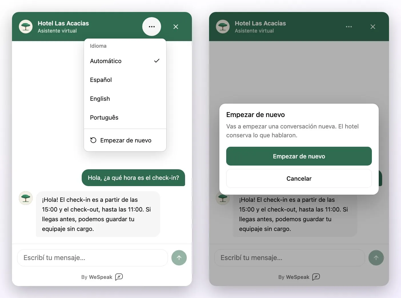 El menú ⋯ del chat abierto, con la lista de idiomas y la opción Empezar de nuevo