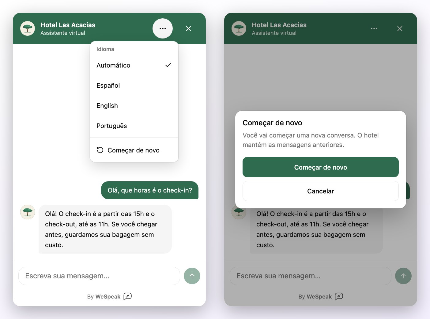 O menu ⋯ do chat aberto, com a lista de idiomas e a opção Começar de novo