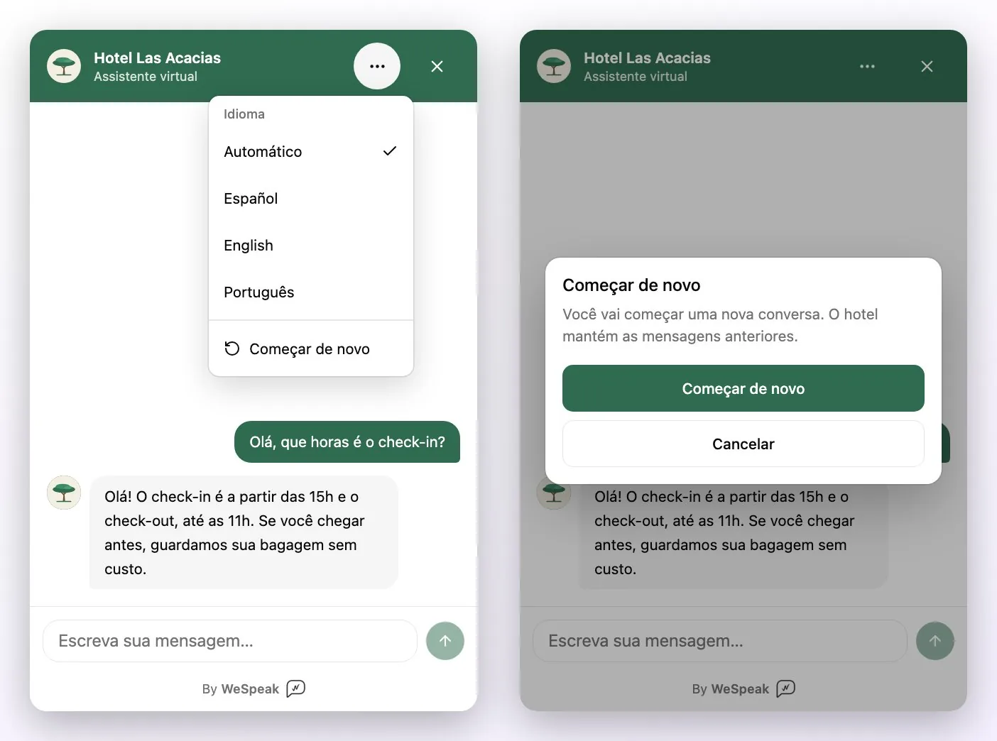 O menu ⋯ do chat aberto, com a lista de idiomas e a opção Começar de novo