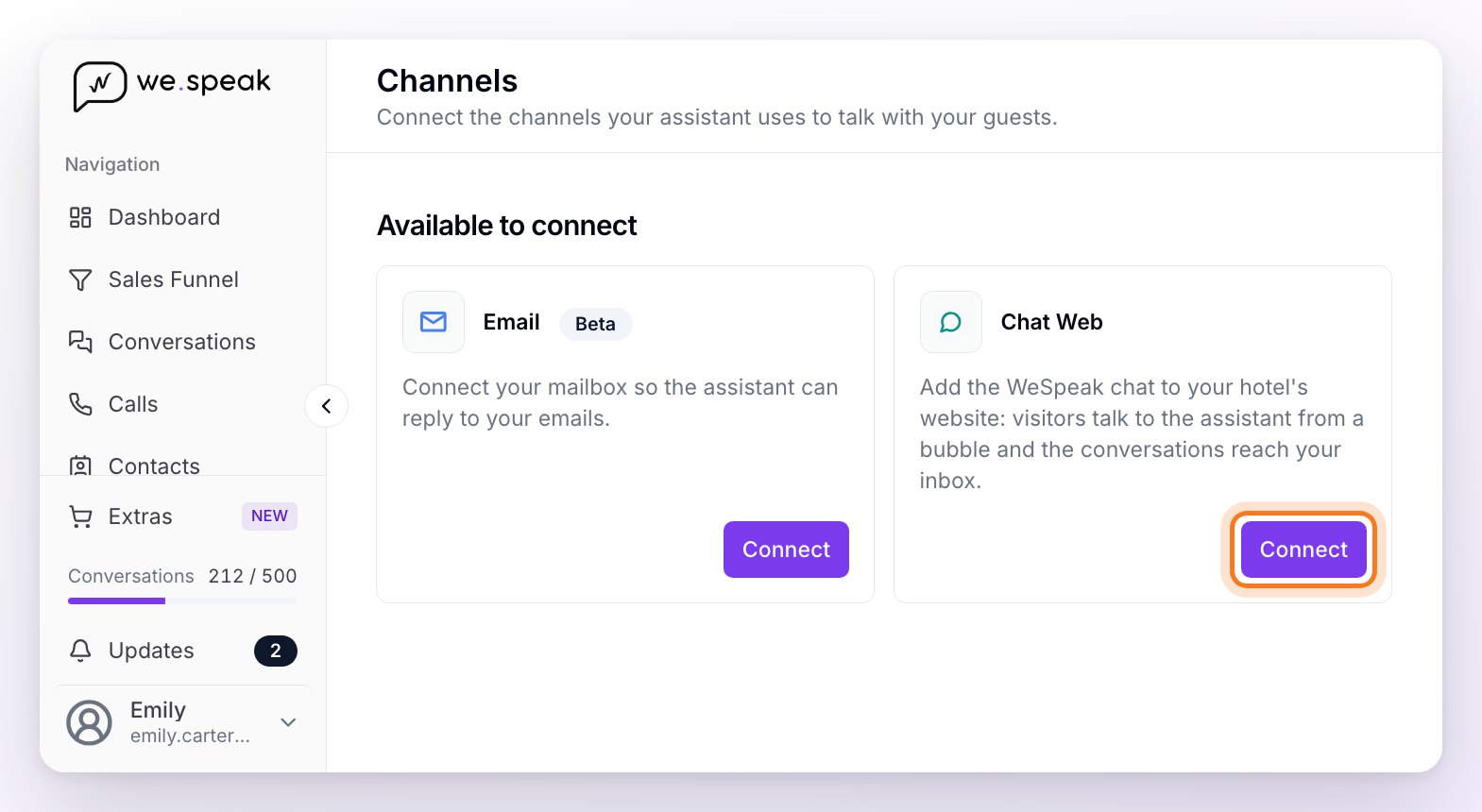 The Channels section with the Chat Web card under Available to connect and its Connect button highlighted