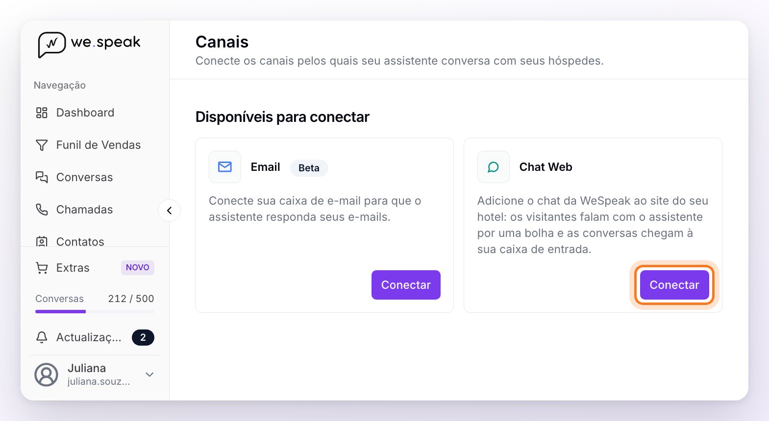 A seção Canais com o cartão Chat Web em Disponíveis para conectar e o botão Conectar destacado