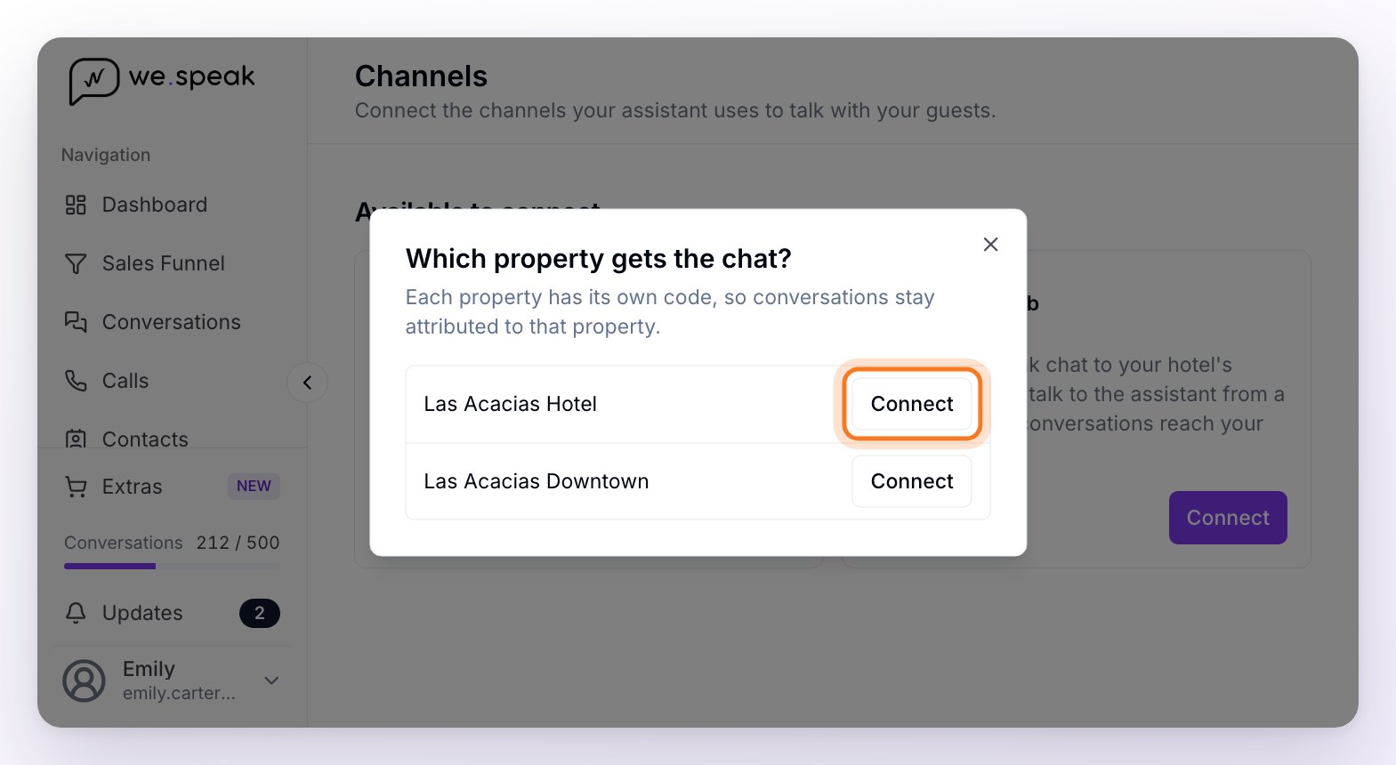 The Which property gets the chat? window, with the hotel's two properties and a Connect button on each