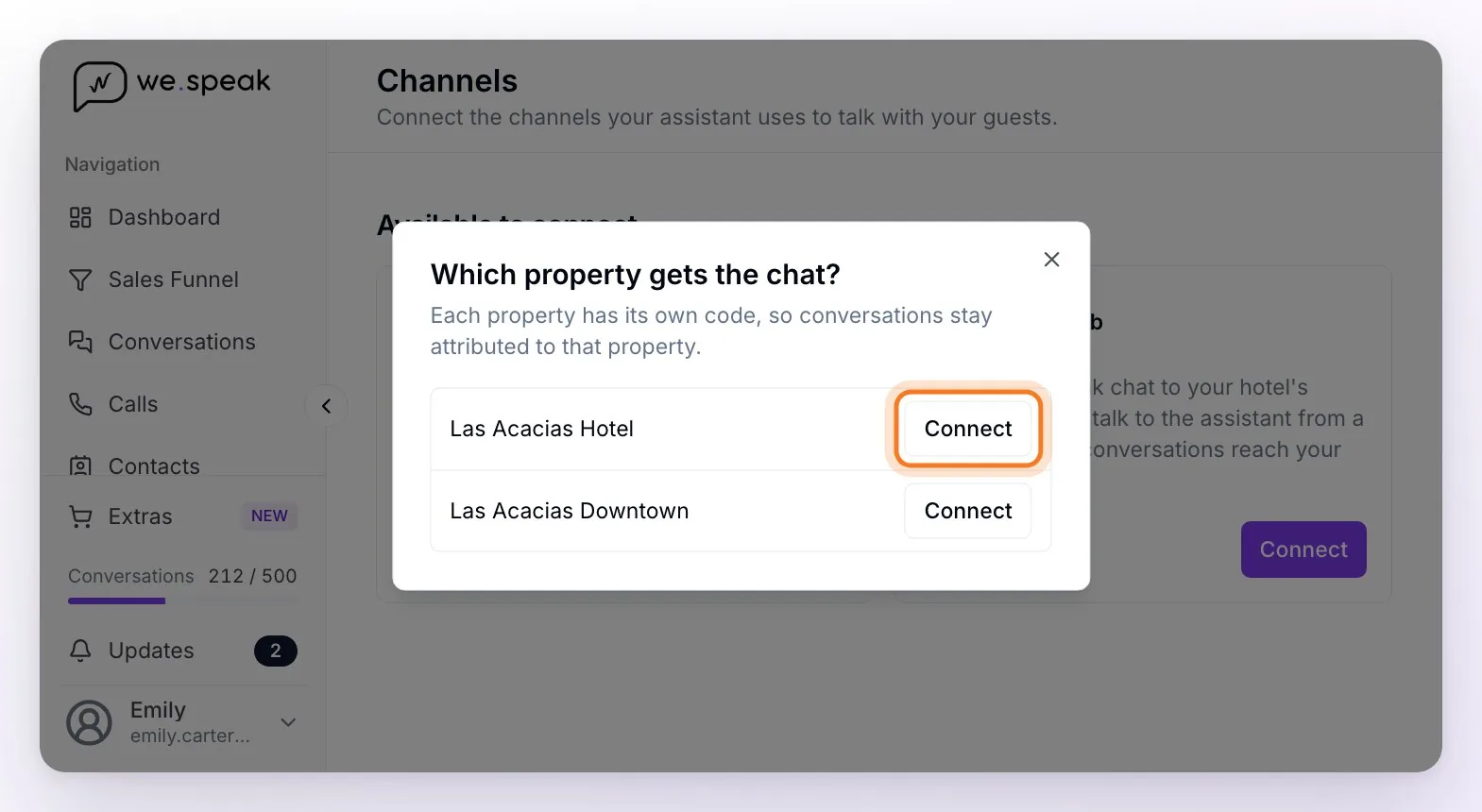 The Which property gets the chat? window, with the hotel's two properties and a Connect button on each