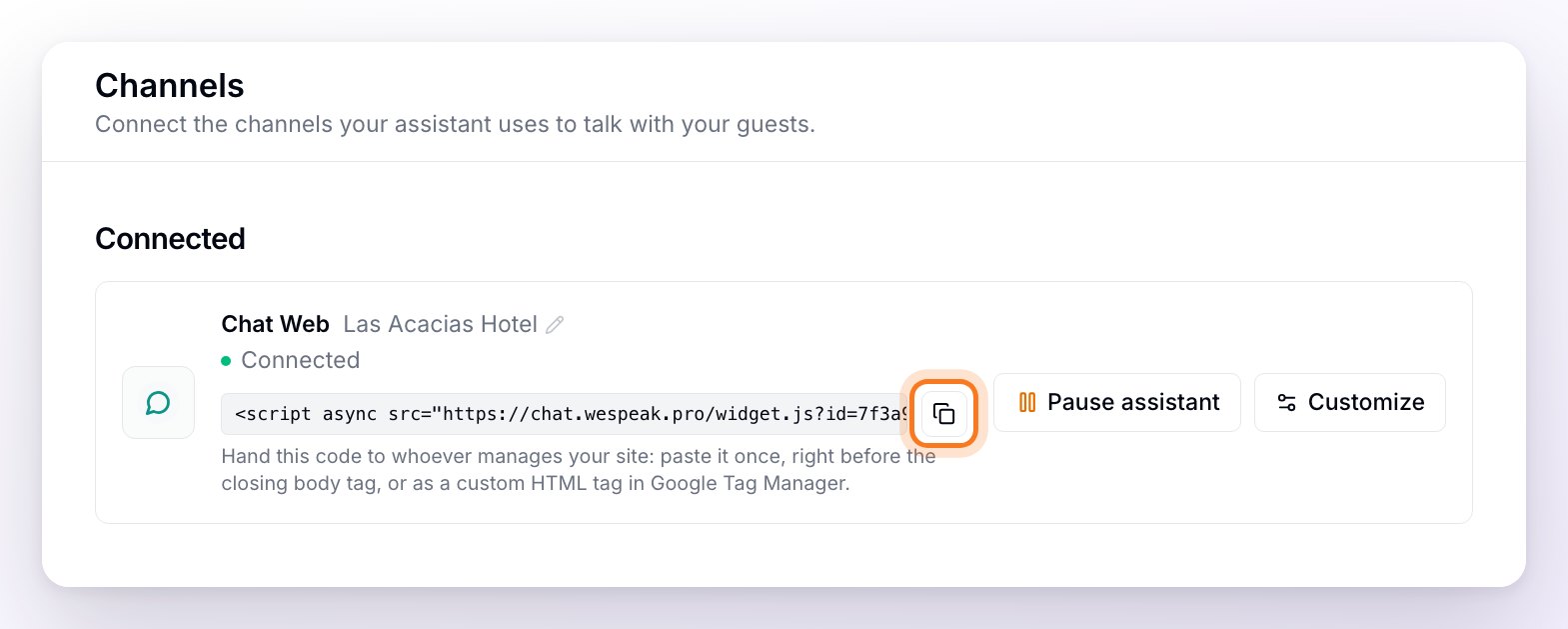 The Chat Web card in Channels, with the install code and its copy button highlighted