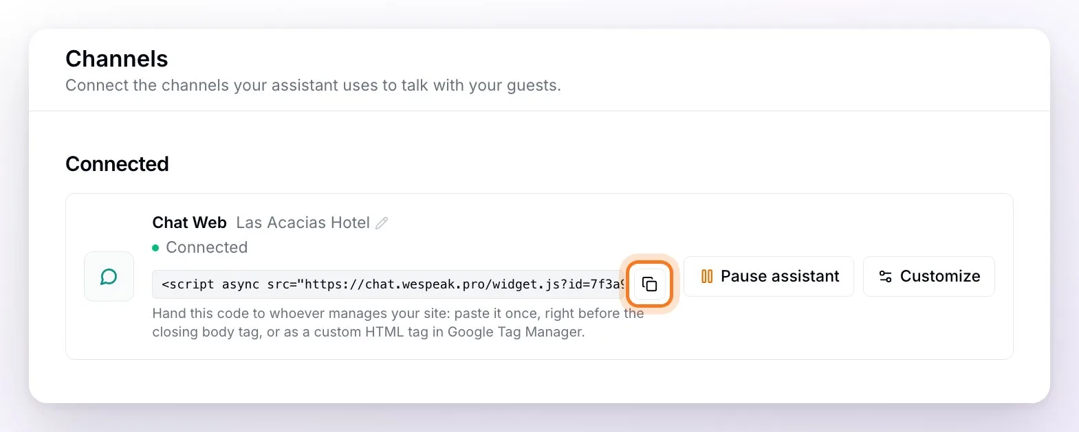 The Chat Web card under Connected: the property name, the Connected status, the install code with its copy button highlighted, and the Pause assistant and Customize buttons