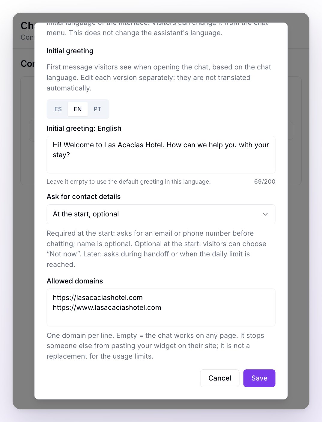 The same dialog further down: the initial greeting with its ES, EN and PT tabs, Ask for contact details, Allowed domains and the Cancel and Save buttons