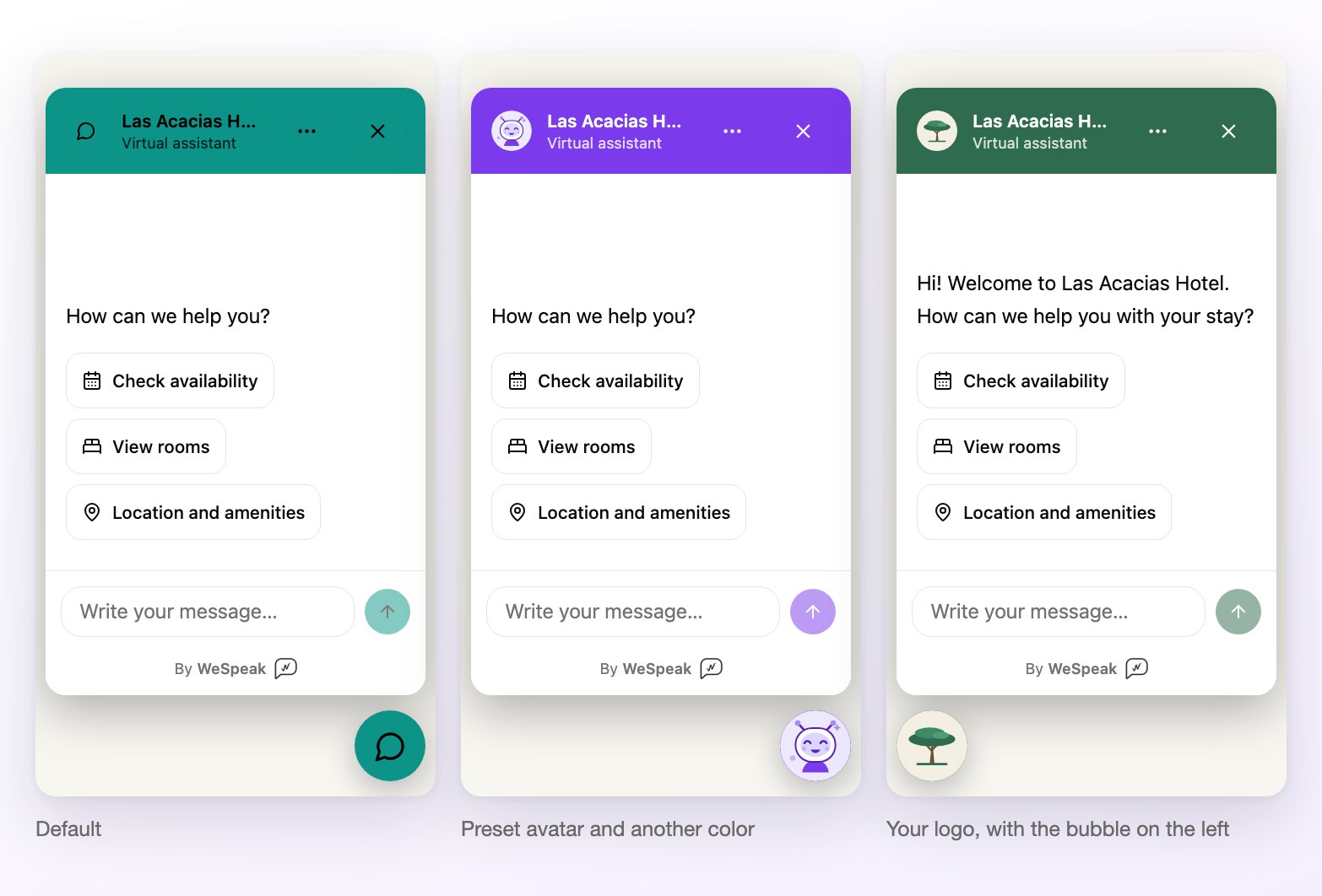 Three ways the same chat can look: with the default icon and color, with a preset avatar and another color, and with the hotel's logo and the bubble on the left