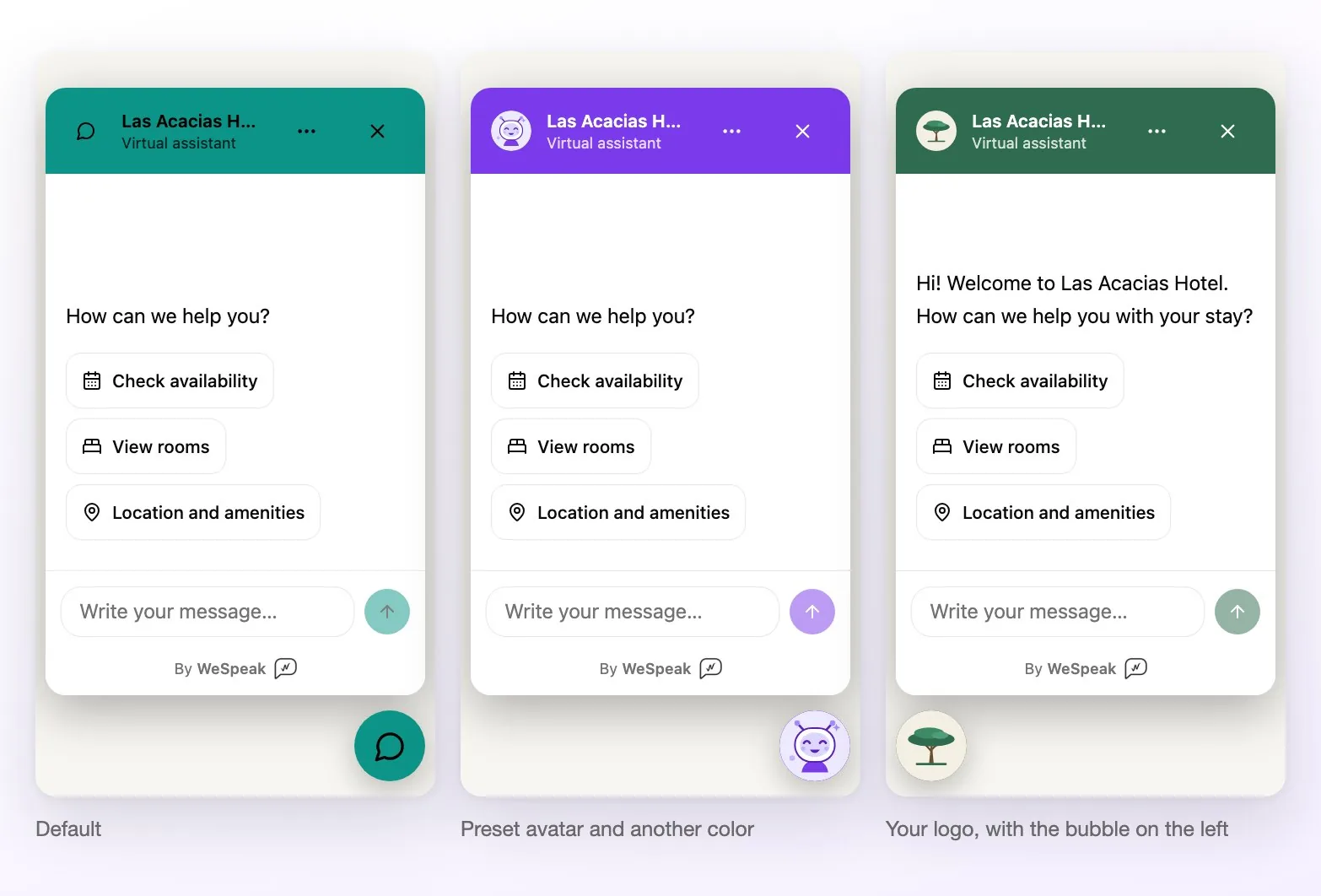 Three ways the same chat can look: with the default icon and color, with a preset avatar and another color, and with the hotel's logo and the bubble on the left