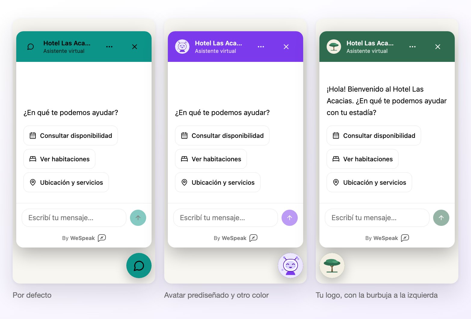 Tres formas de verse el mismo chat: con el ícono y el color por defecto, con un avatar prediseñado y otro color, y con el logo del hotel y la burbuja a la izquierda