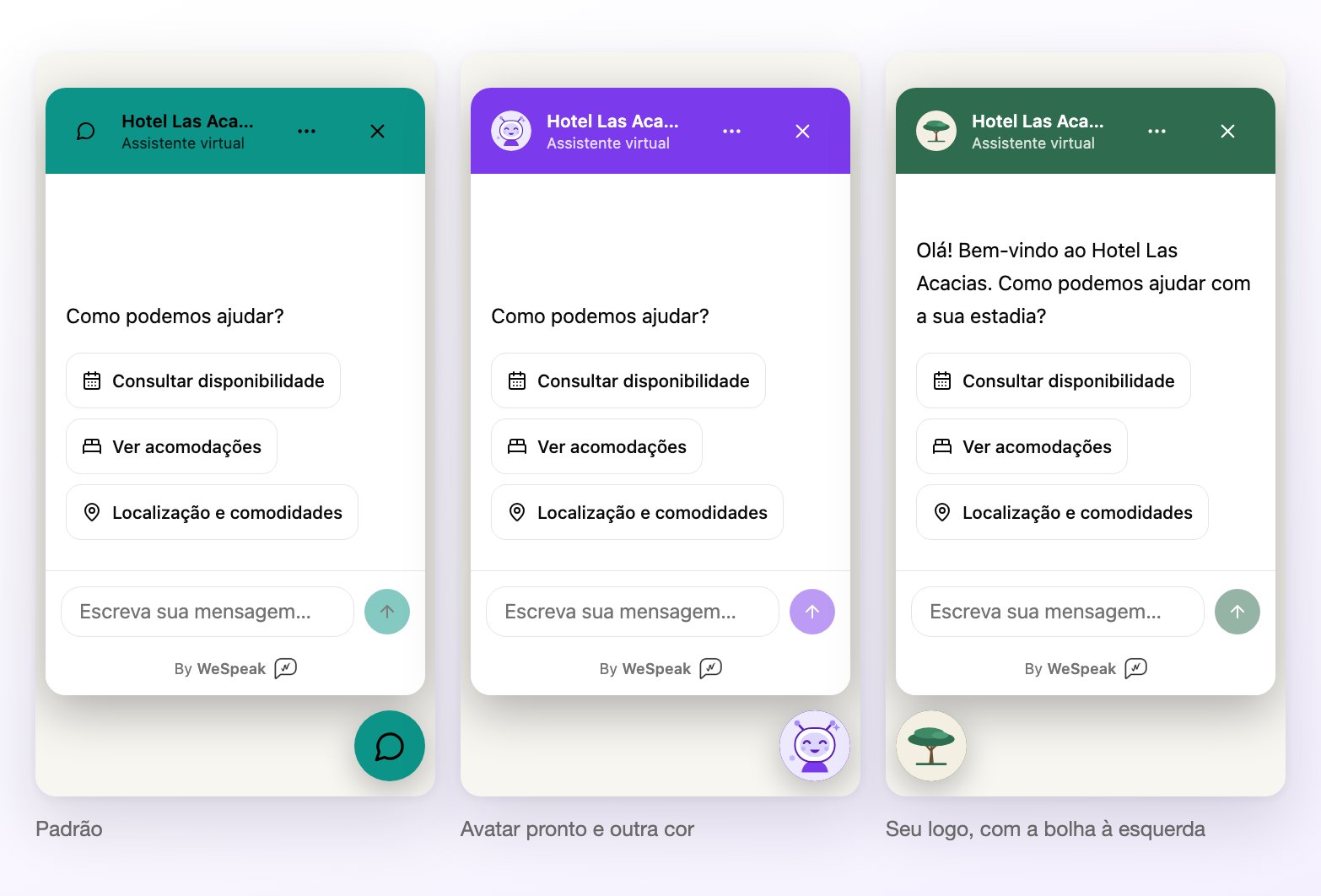 Três jeitos de o mesmo chat aparecer: com o ícone e a cor padrão, com um avatar pronto e outra cor, e com o logo do hotel e a bolha à esquerda