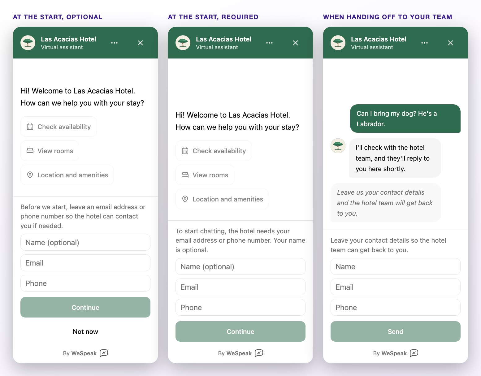 Three versions of the form: at the start and optional (with Not now), at the start and required (without Not now), and when handing off to your team, when the form replaces the message box