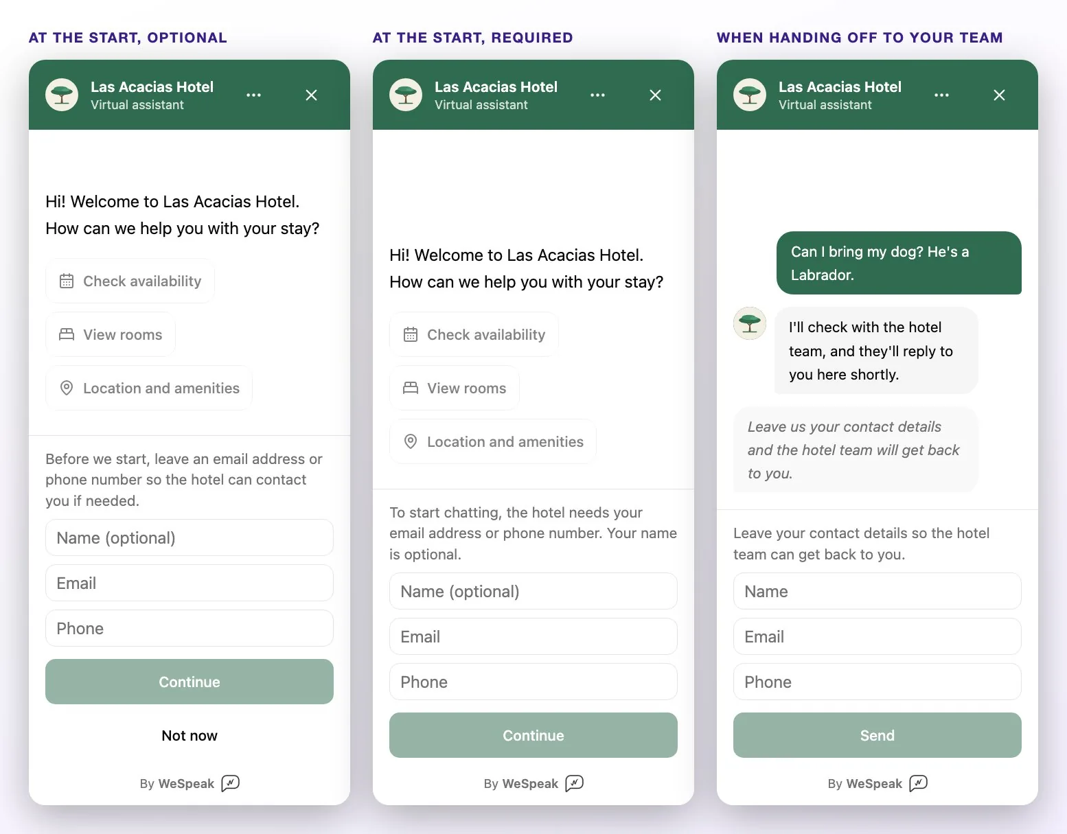 Three versions of the form: at the start and optional (with Not now), at the start and required (without Not now), and when handing off to your team, when the form replaces the message box
