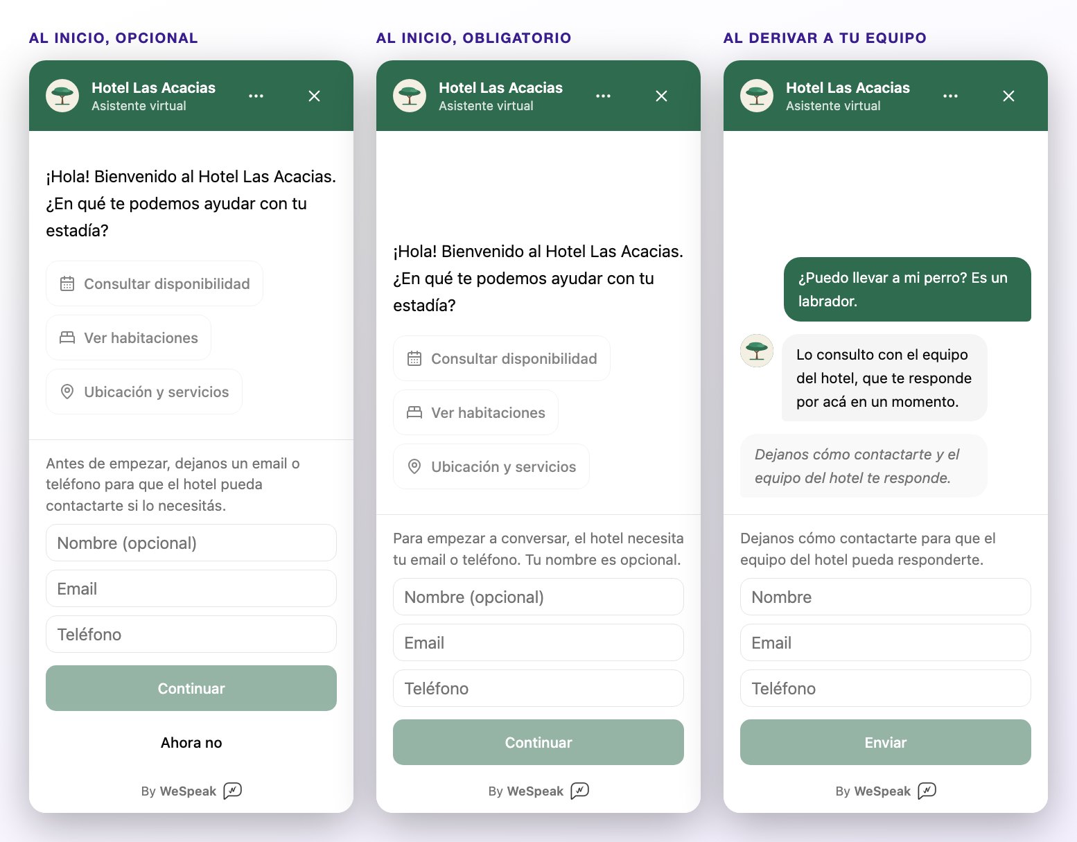 Tres versiones del formulario: al inicio y opcional (con Ahora no), al inicio y obligatorio (sin Ahora no), y al derivar a tu equipo, cuando el formulario reemplaza al cuadro de escritura