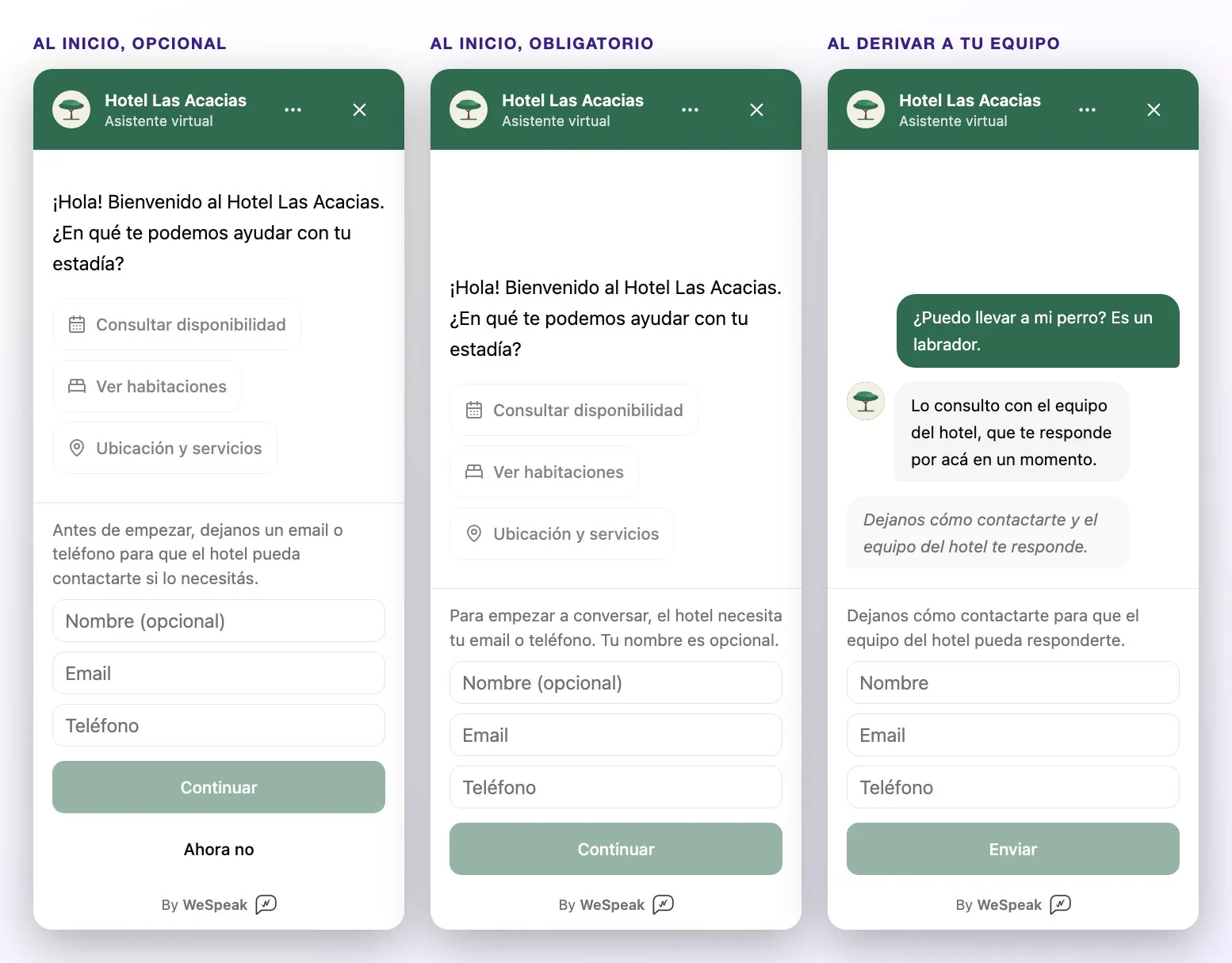 Tres versiones del formulario: al inicio y opcional (con Ahora no), al inicio y obligatorio (sin Ahora no), y al derivar a tu equipo, cuando el formulario reemplaza al cuadro de escritura