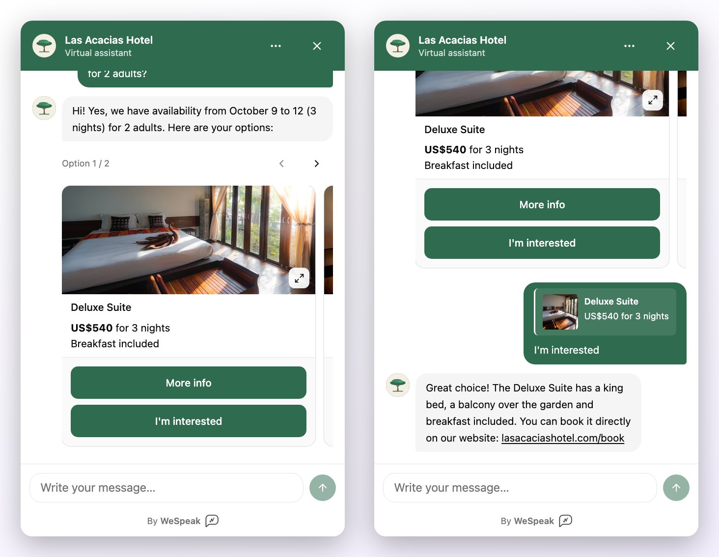 On the left, the quote on cards with the I'm interested button; on the right, what happens when it's tapped: the visitor's message quotes the chosen card and the assistant continues the conversation with the hotel's booking link