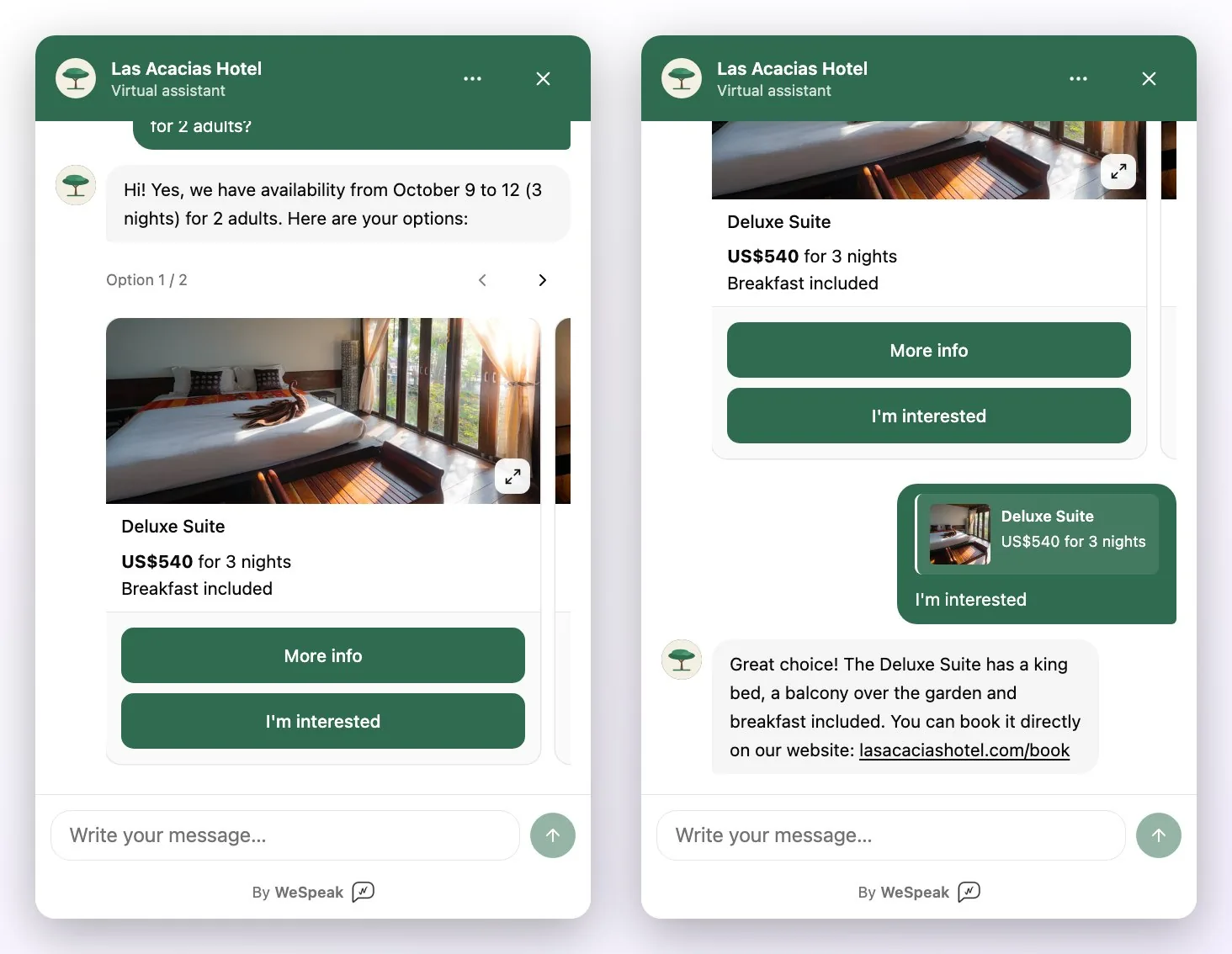 On the left, the quote on cards with the I'm interested button; on the right, what happens when it's tapped: the visitor's message quotes the chosen card and the assistant continues the conversation with the hotel's booking link