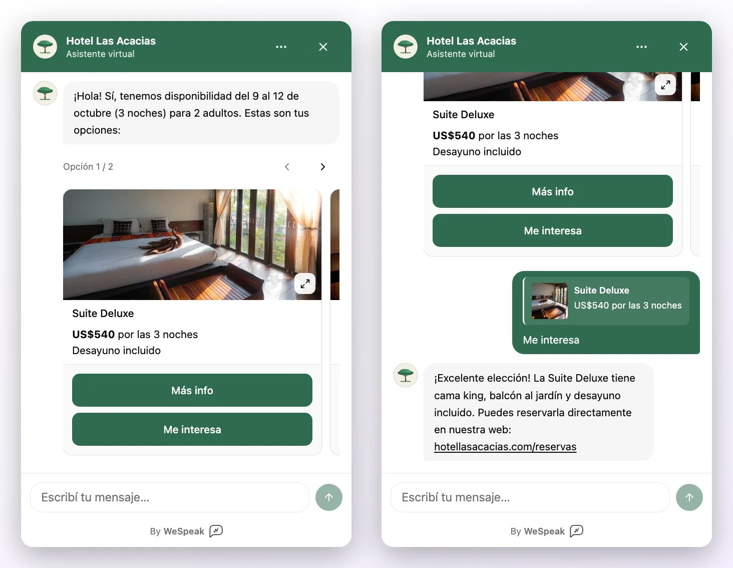 A la izquierda, la cotización en tarjetas con el botón Me interesa; a la derecha, lo que pasa al tocarlo: el mensaje del visitante cita la tarjeta elegida y el asistente sigue la conversación con el link de reserva del hotel