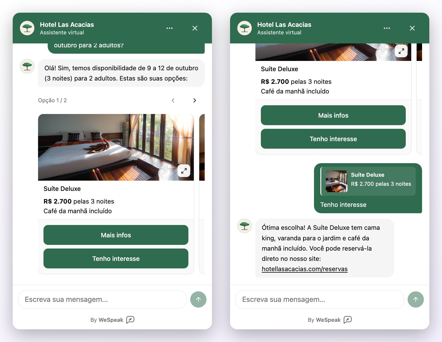 À esquerda, a cotação em cartões com o botão Tenho interesse; à direita, o que acontece ao tocá-lo: a mensagem da visitante cita o cartão escolhido e o assistente continua a conversa com o link de reserva do hotel