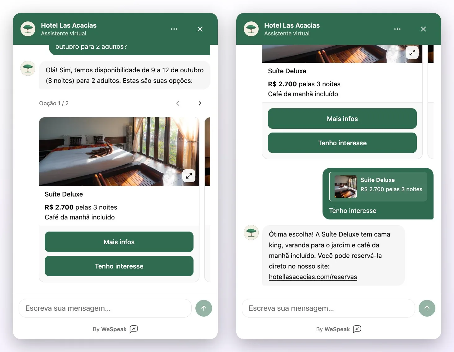 À esquerda, a cotação em cartões com o botão Tenho interesse; à direita, o que acontece ao tocá-lo: a mensagem da visitante cita o cartão escolhido e o assistente continua a conversa com o link de reserva do hotel