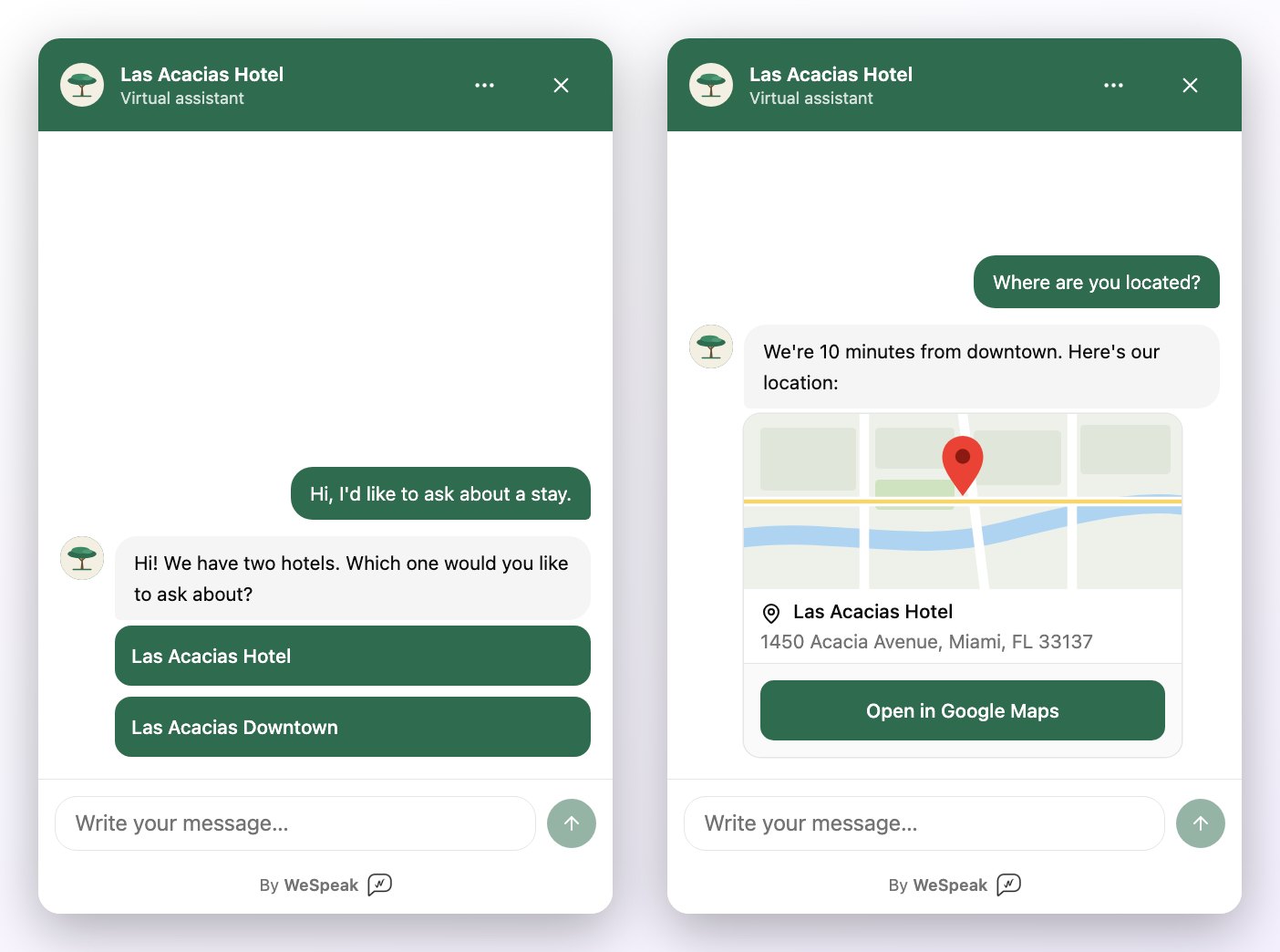 On the left, the buttons to choose between the account's two hotels; on the right, the location card with the map, the address and the Open in Google Maps link