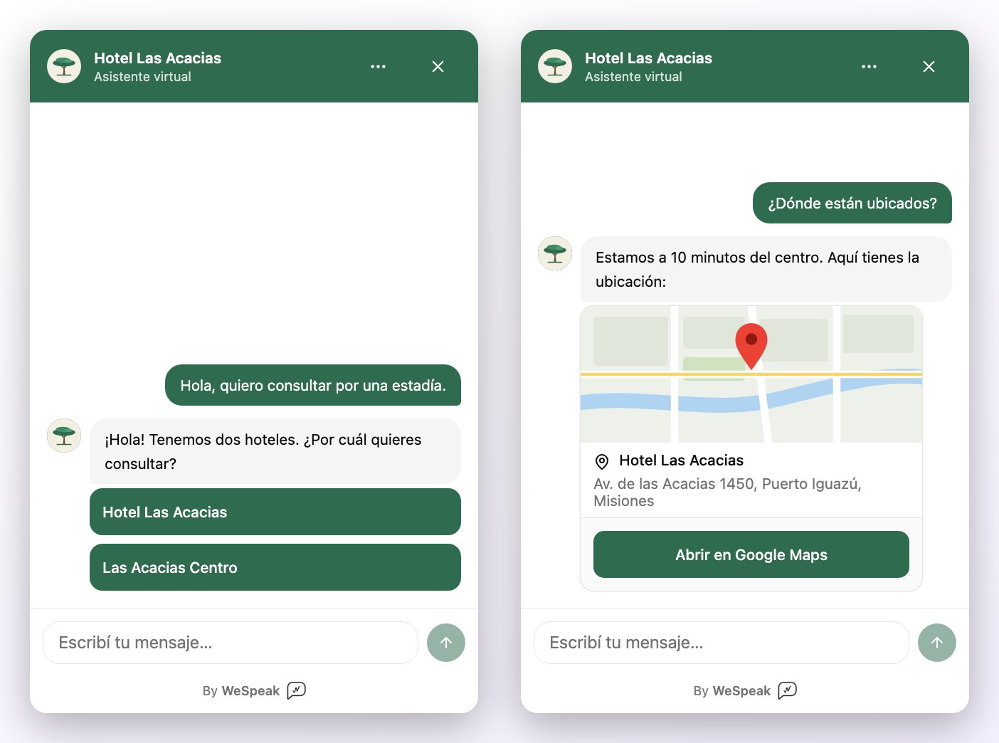 A la izquierda, los botones para elegir entre los dos hoteles de la cuenta; a la derecha, la tarjeta de ubicación con el mapa, la dirección y el enlace Abrir en Google Maps