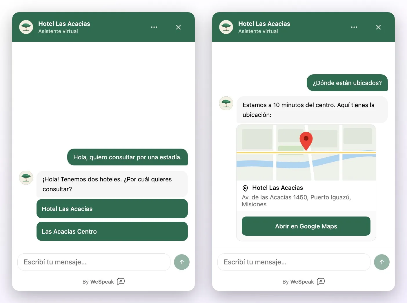 A la izquierda, los botones para elegir entre los dos hoteles de la cuenta; a la derecha, la tarjeta de ubicación con el mapa, la dirección y el enlace Abrir en Google Maps
