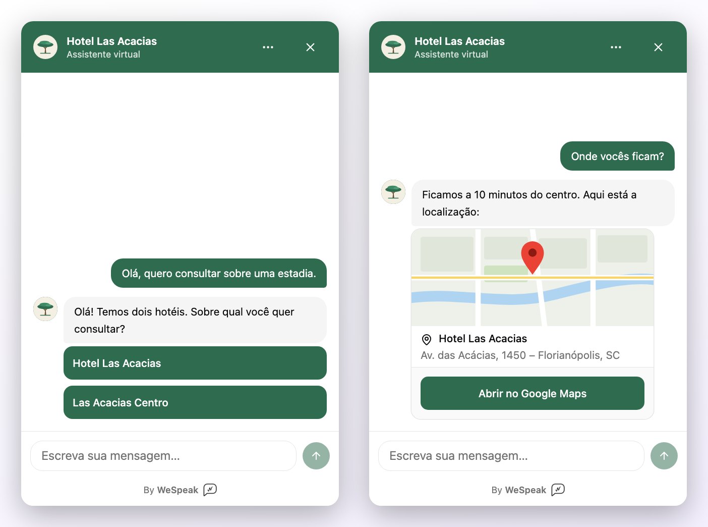 À esquerda, os botões para escolher entre os dois hotéis da conta; à direita, o cartão de localização com o mapa, o endereço e o link Abrir no Google Maps