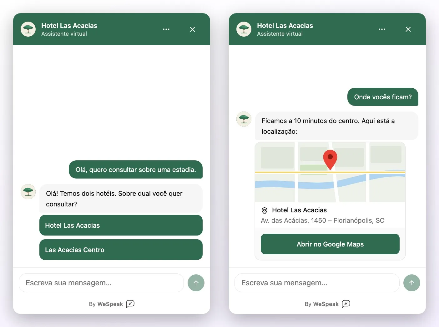 À esquerda, os botões para escolher entre os dois hotéis da conta; à direita, o cartão de localização com o mapa, o endereço e o link Abrir no Google Maps