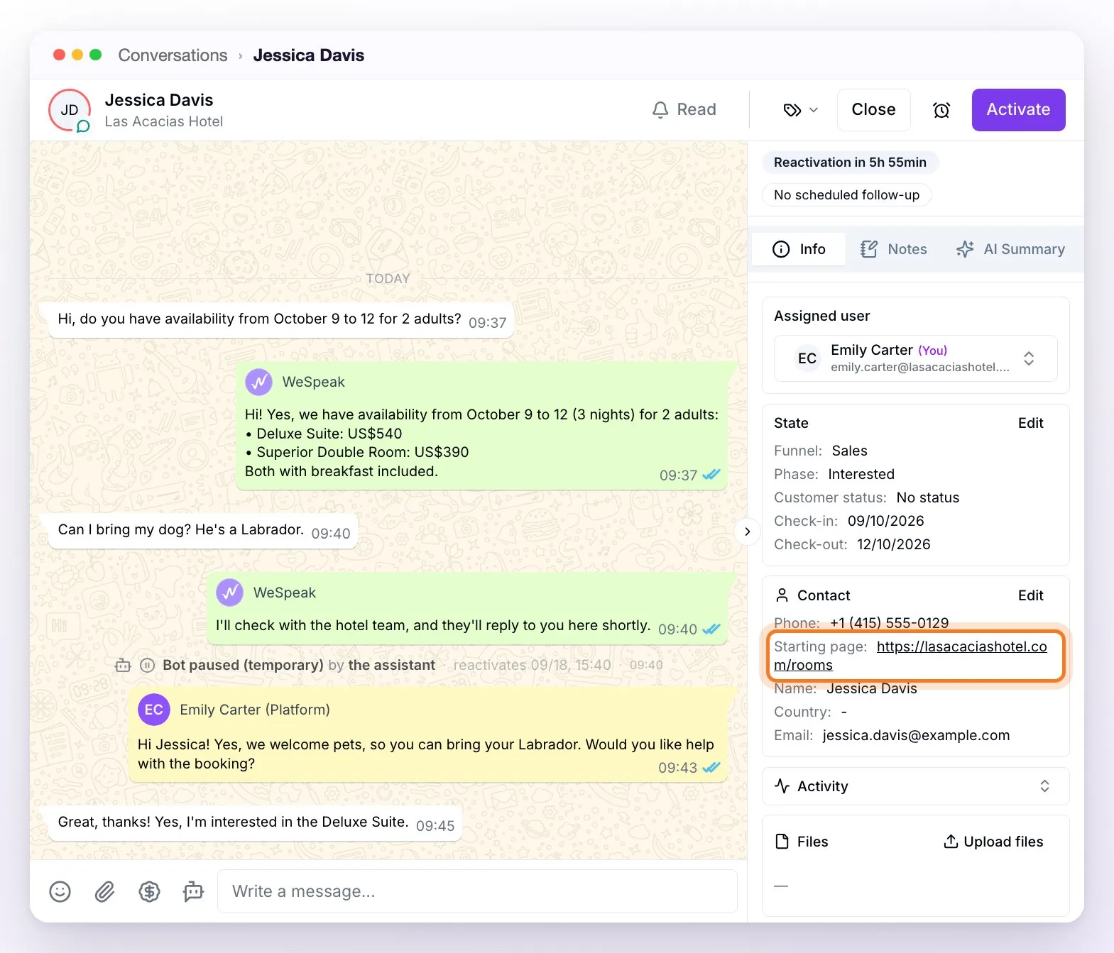 The Chats inbox with a Chat Web conversation open: the visitor's question, the assistant's replies, a reply from someone on the team and, on the right, the contact card with the Starting page highlighted