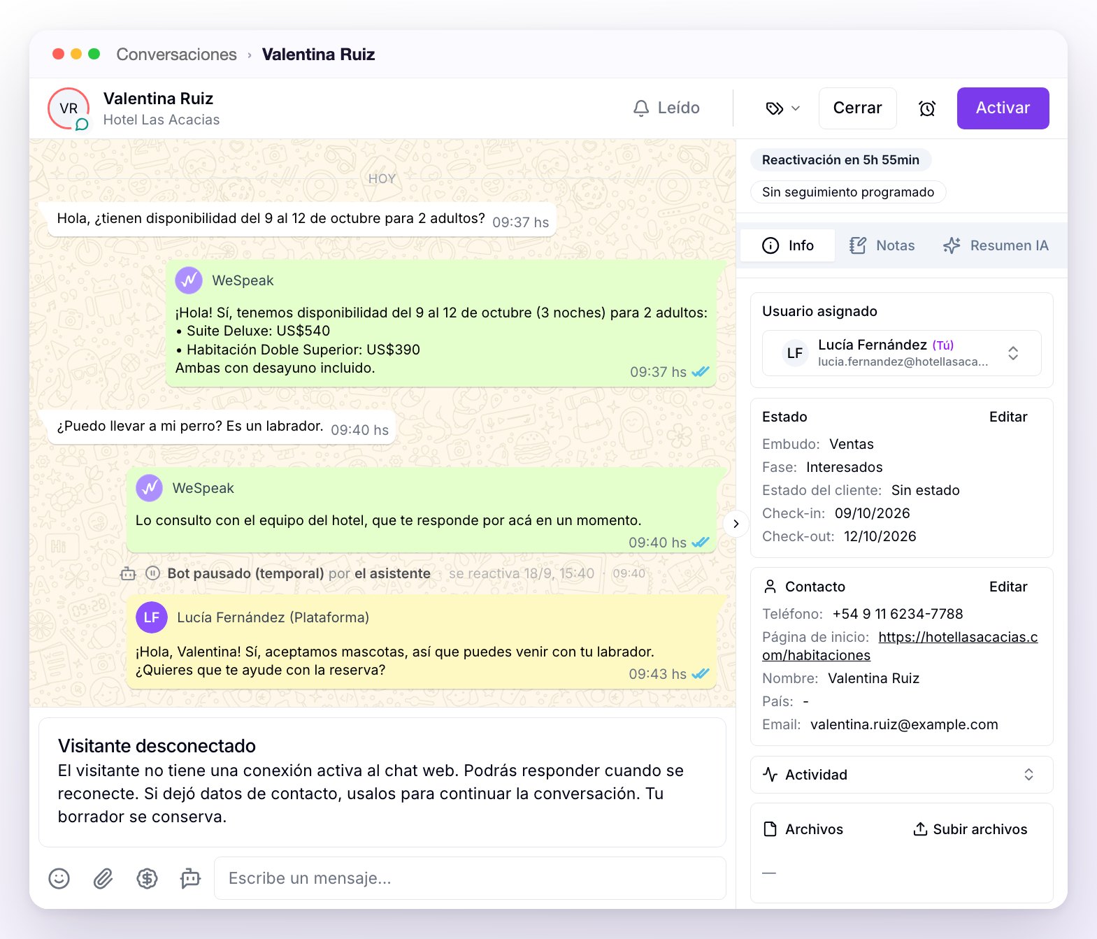 La conversación con el aviso Visitante desconectado sobre el cuadro de escritura, que queda deshabilitado