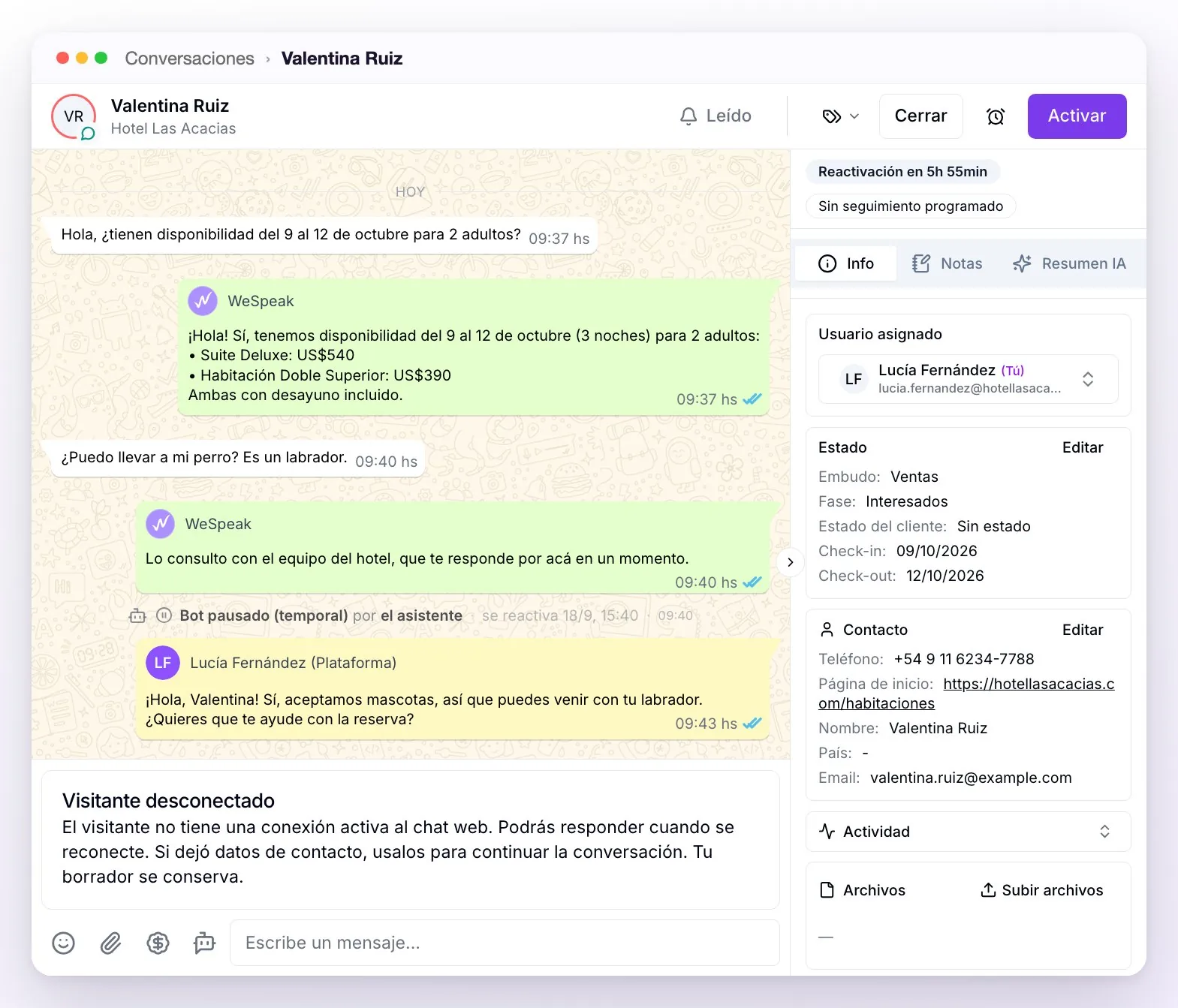 La conversación con el aviso Visitante desconectado sobre el cuadro de escritura, que queda deshabilitado