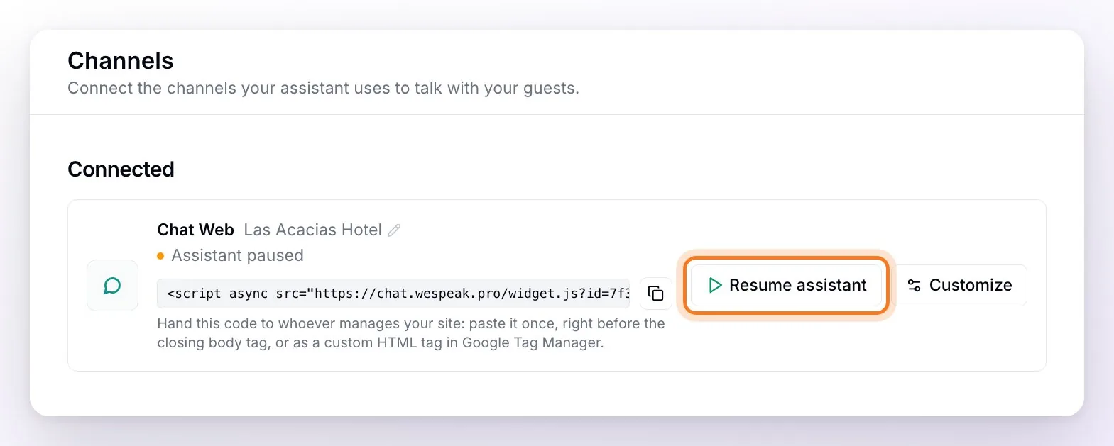 The Chat Web card with the Assistant paused status and the Resume assistant button highlighted
